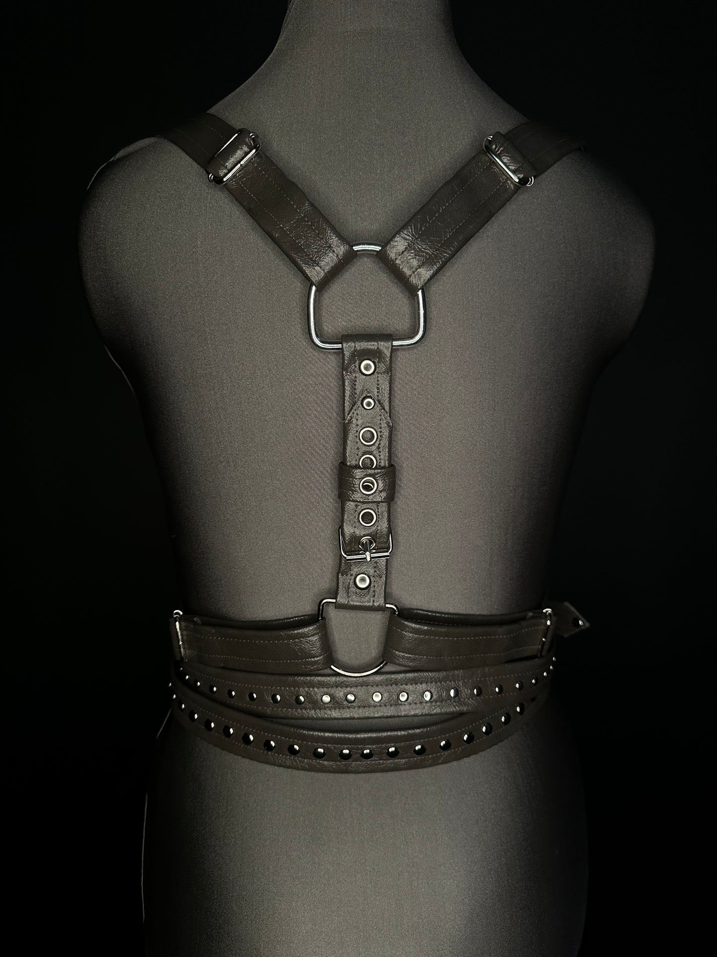 Storm Grey, Wet Look, Textured Faux Leather Studded Harness with Chain