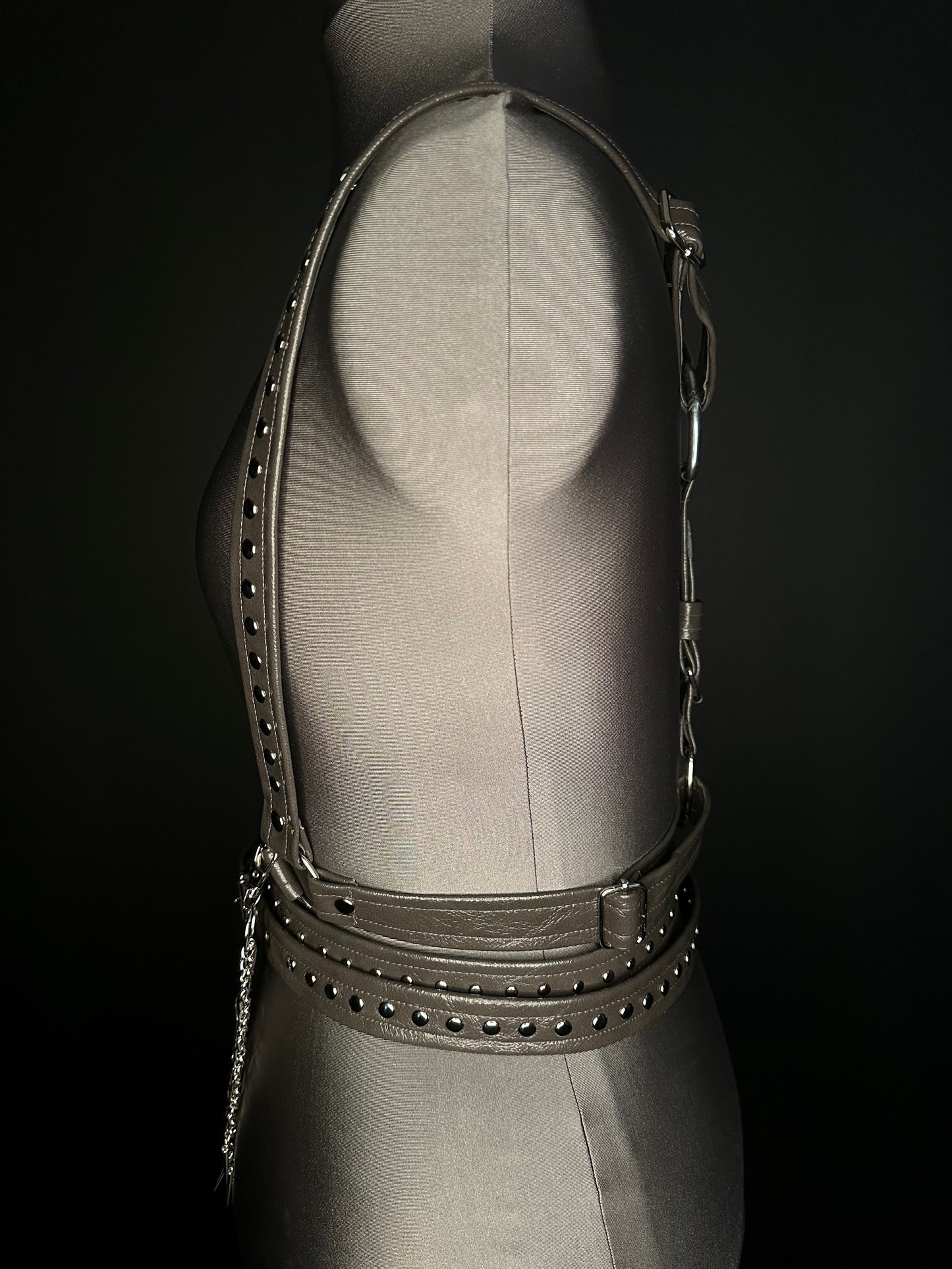 Storm Grey, Wet Look, Textured Faux Leather Studded Harness with Chain