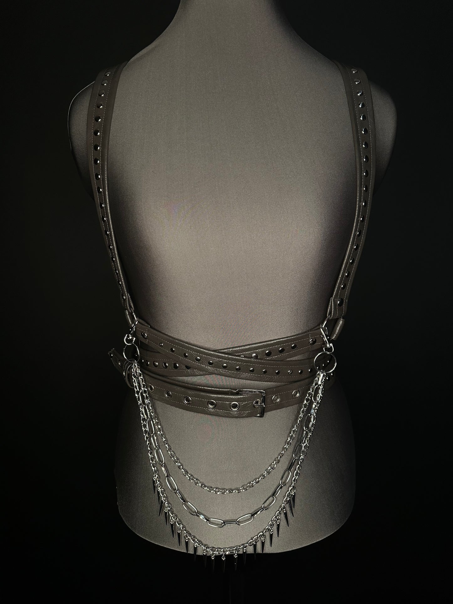 Storm Grey, Wet Look, Textured Faux Leather Studded Harness with Chain