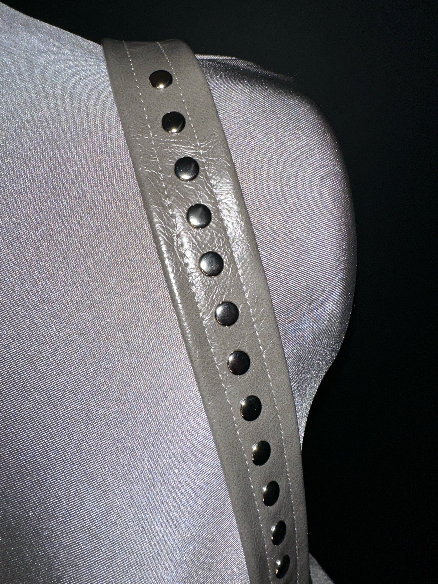 Storm Grey, Wet Look, Textured Faux Leather Studded Harness with Chain