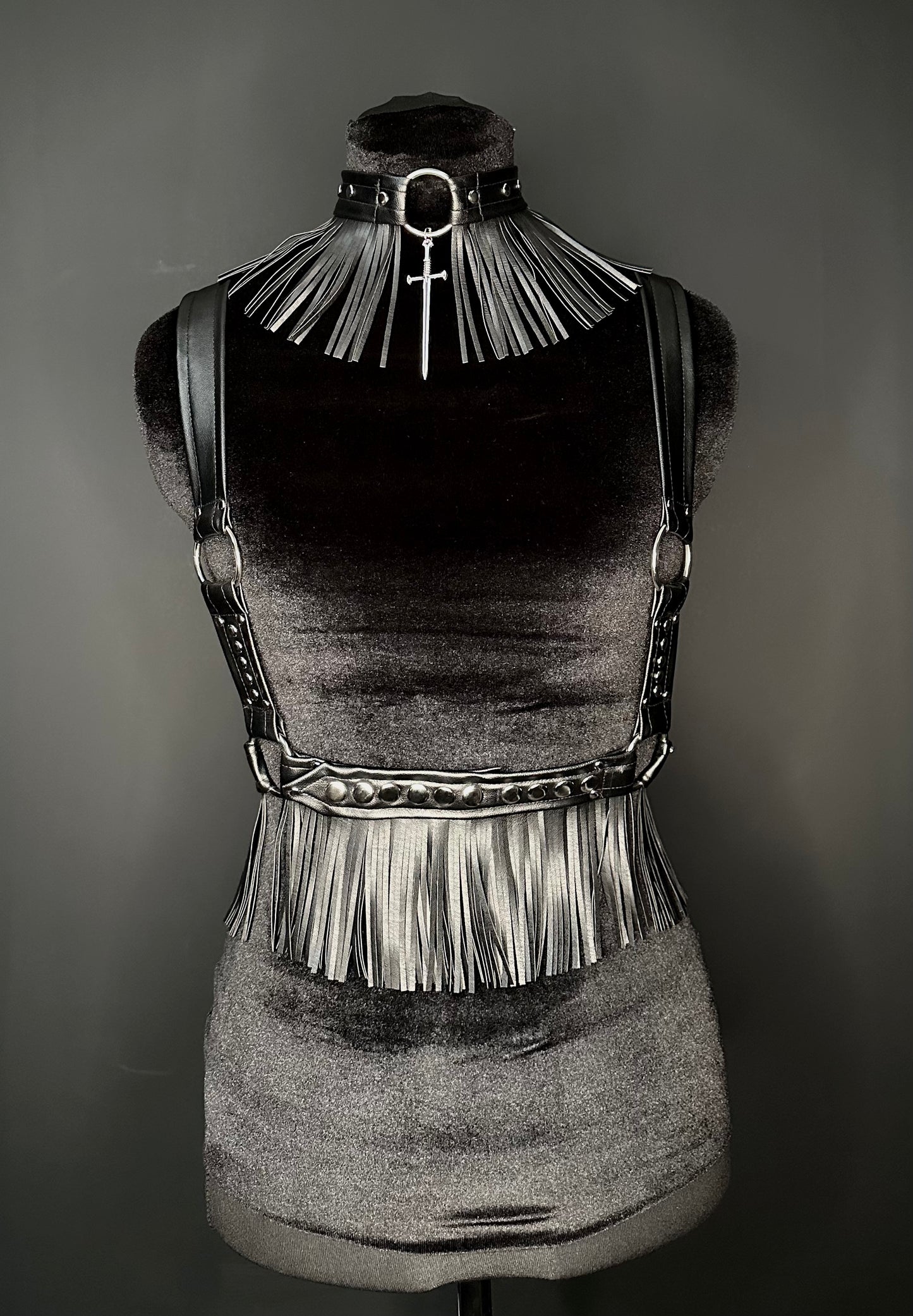 Black Faux Leather Fringed Harness