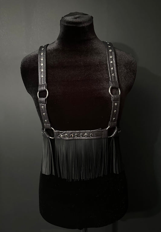 Black Snakeskin Studded Fringed Harness