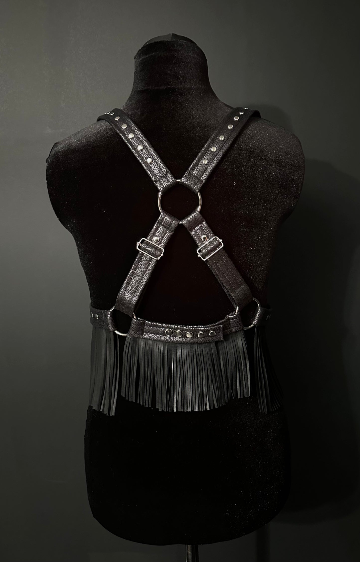 Black Snakeskin Studded Fringed Harness