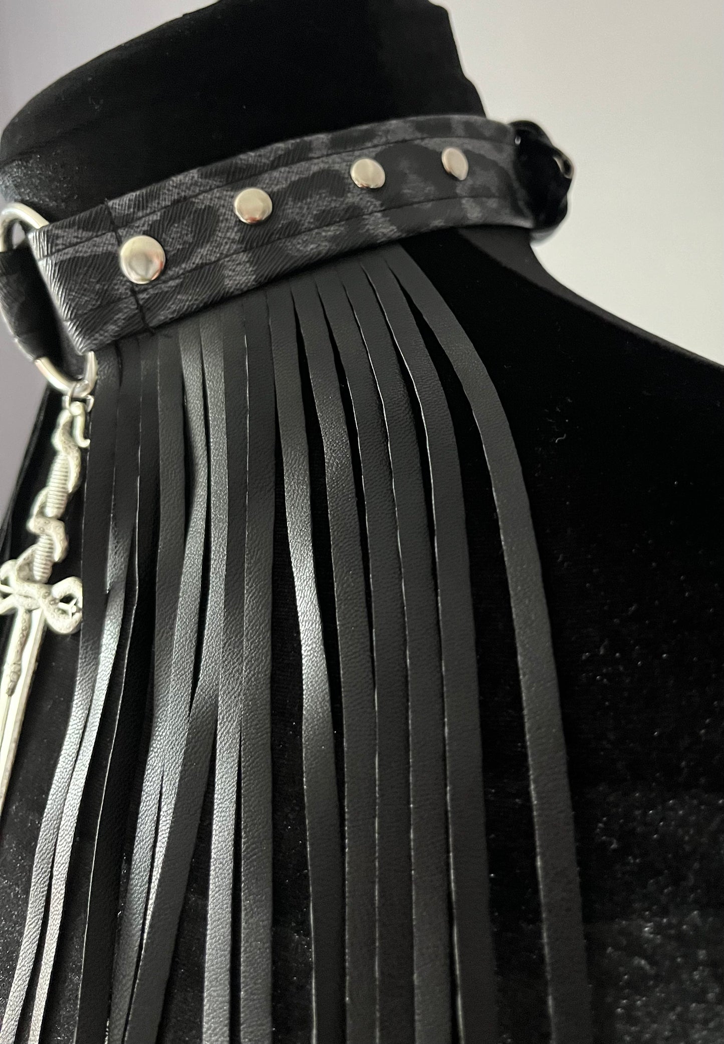 Grey and Black Leopard Print Fringed Choker