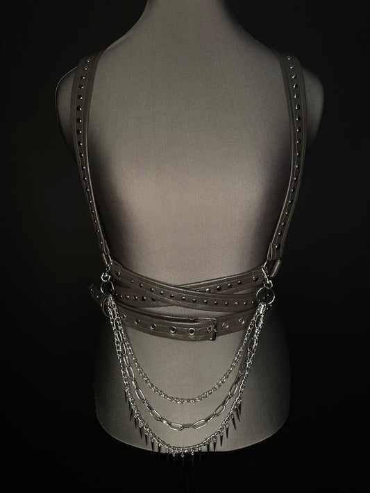 Storm Grey, Wet Look, Textured Faux Leather Studded Harness with Chain